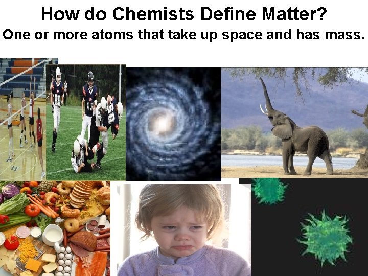 How do Chemists Define Matter? One or more atoms that take up space and