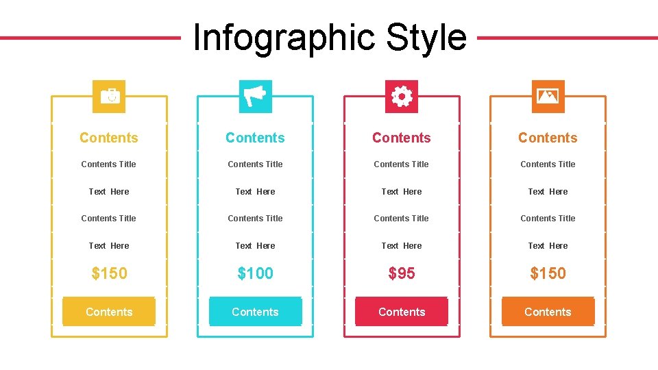 Infographic Style Contents Contents Title Contents Title Text Here Text Here $150 $100 $95