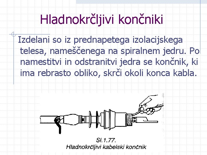 Hladnokrčljivi končniki Izdelani so iz prednapetega izolacijskega telesa, nameščenega na spiralnem jedru. Po namestitvi