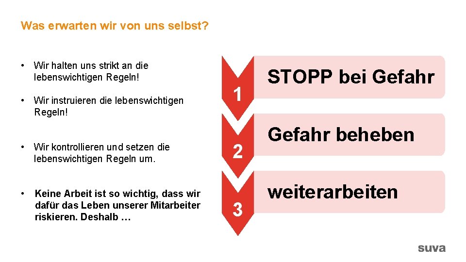 Was erwarten wir von uns selbst? • Wir halten uns strikt an die lebenswichtigen
