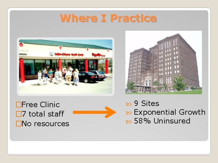 Where I Practice �Free Clinic � 7 total staff �No resources 9 Sites Exponential