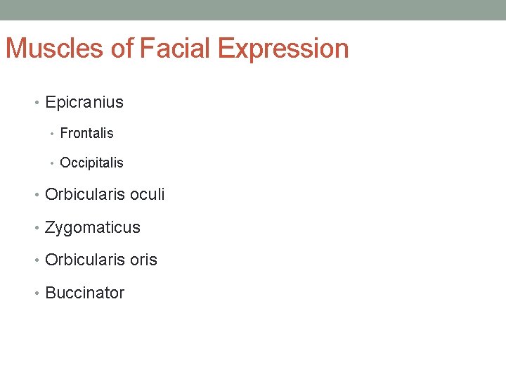 Muscles of Facial Expression • Epicranius • Frontalis • Occipitalis • Orbicularis oculi • Muscles of Facial Expression • Epicranius • Frontalis • Occipitalis • Orbicularis oculi •
