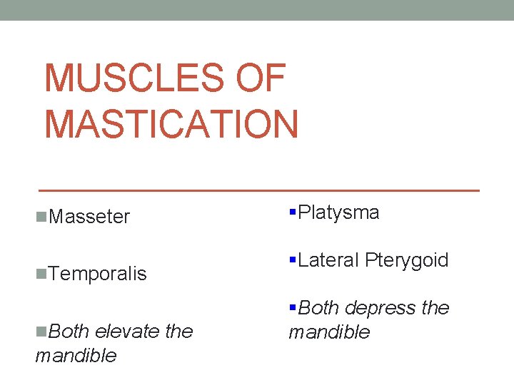 MUSCLES OF MASTICATION n. Masseter n. Temporalis n. Both elevate the mandible §Platysma §Lateral MUSCLES OF MASTICATION n. Masseter n. Temporalis n. Both elevate the mandible §Platysma §Lateral