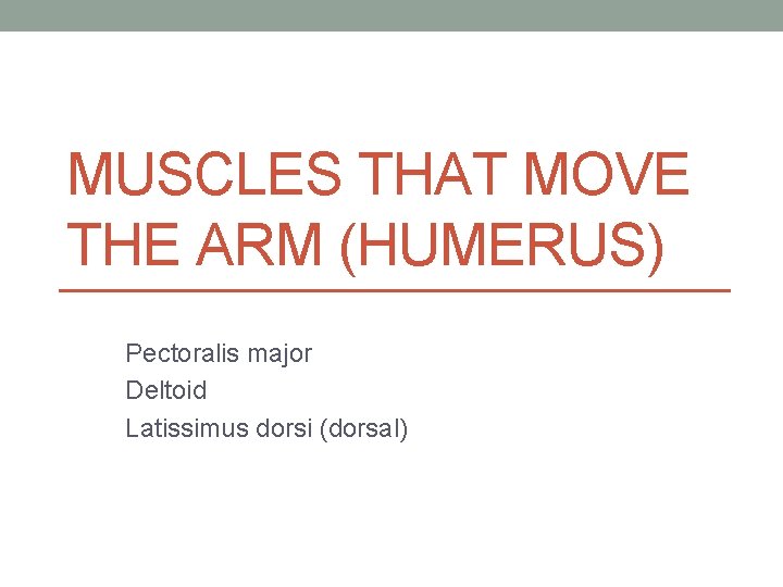 MUSCLES THAT MOVE THE ARM (HUMERUS) Pectoralis major Deltoid Latissimus dorsi (dorsal) MUSCLES THAT MOVE THE ARM (HUMERUS) Pectoralis major Deltoid Latissimus dorsi (dorsal)