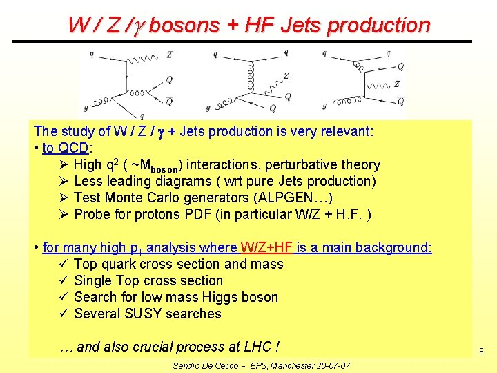 W / Z /g bosons + HF Jets production The study of W /