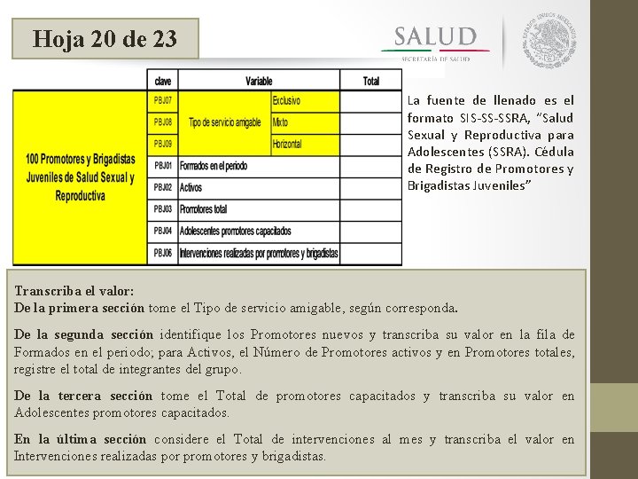 Hoja 20 de 23 La fuente de llenado es el formato SIS-SS-SSRA, “Salud Sexual