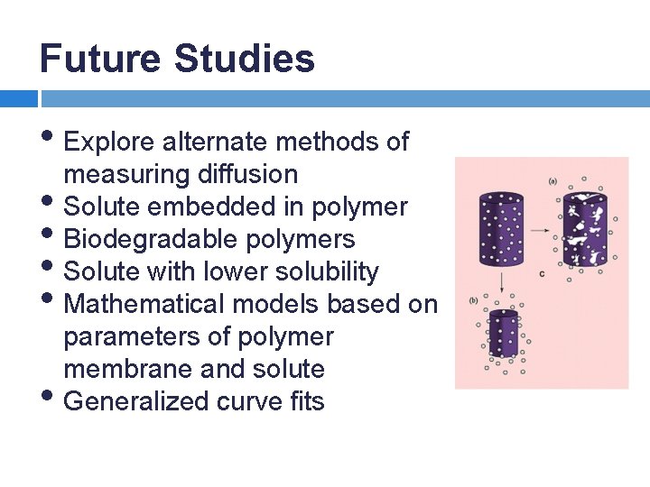 Future Studies • Explore alternate methods of measuring diffusion • Solute embedded in polymer