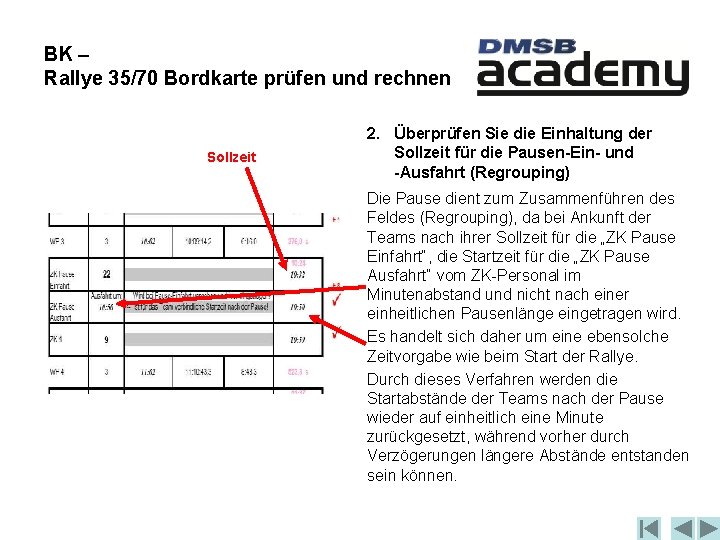 BK – Rallye 35/70 Bordkarte prüfen und rechnen Sollzeit 2. Überprüfen Sie die Einhaltung