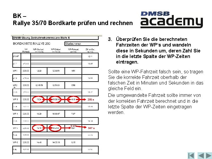 BK – Rallye 35/70 Bordkarte prüfen und rechnen 3. Überprüfen Sie die berechneten Fahrzeiten