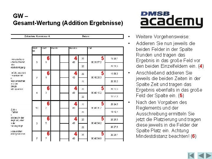 GW – Gesamt-Wertung (Addition Ergebnisse) • • 6 4 5 6 4 5 •