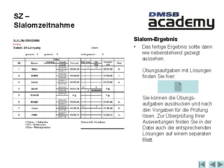 SZ – Slalomzeitnahme Slalom-Ergebnis • Das fertige Ergebnis sollte dann wie nebenstehend gezeigt aussehen.