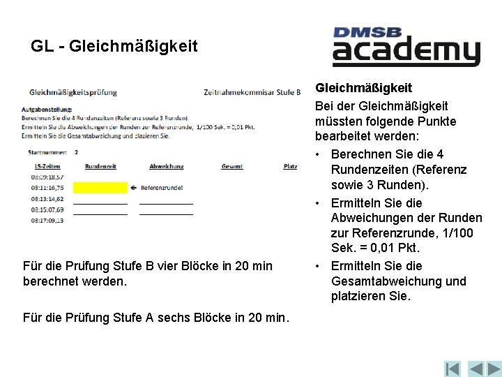 GL - Gleichmäßigkeit Für die Pru fung Stufe B vier Blöcke in 20 min