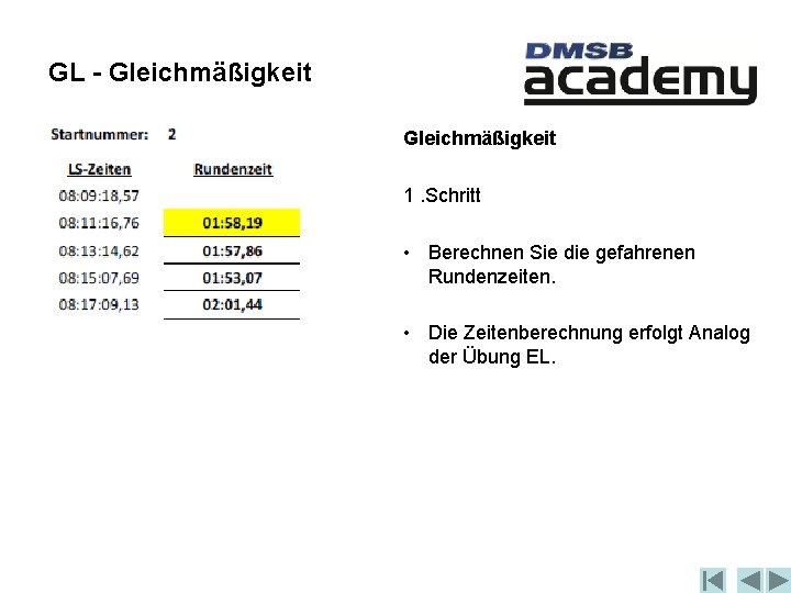 GL - Gleichmäßigkeit 1. Schritt • Berechnen Sie die gefahrenen Rundenzeiten. • Die Zeitenberechnung