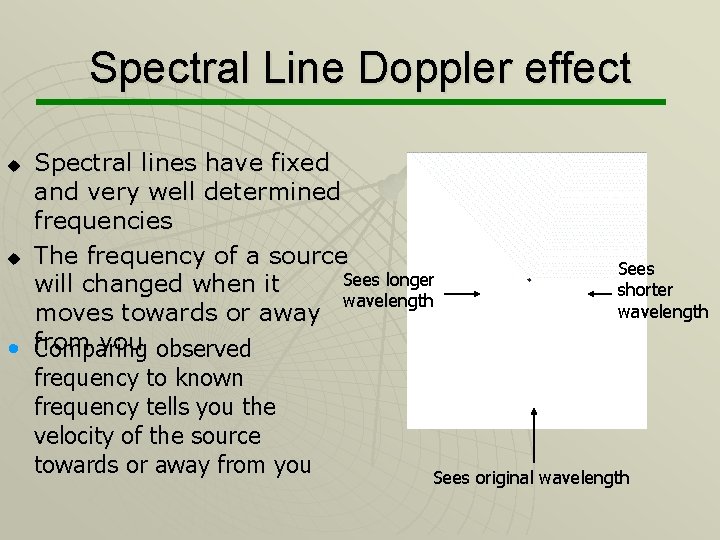 Spectral Line Doppler effect Spectral lines have fixed and very well determined frequencies u