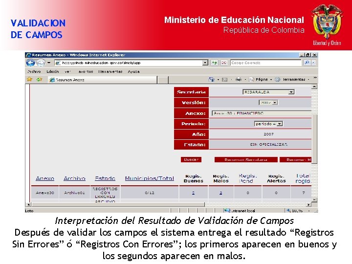 VALIDACION DE CAMPOS Ministerio de Educación Nacional República de Colombia Interpretación del Resultado de