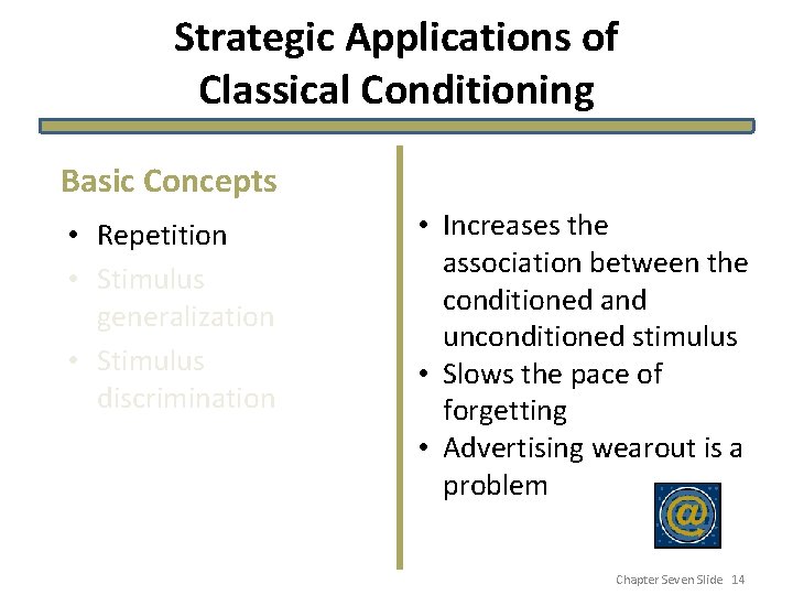 Strategic Applications of Classical Conditioning Basic Concepts • Repetition • Stimulus generalization • Stimulus