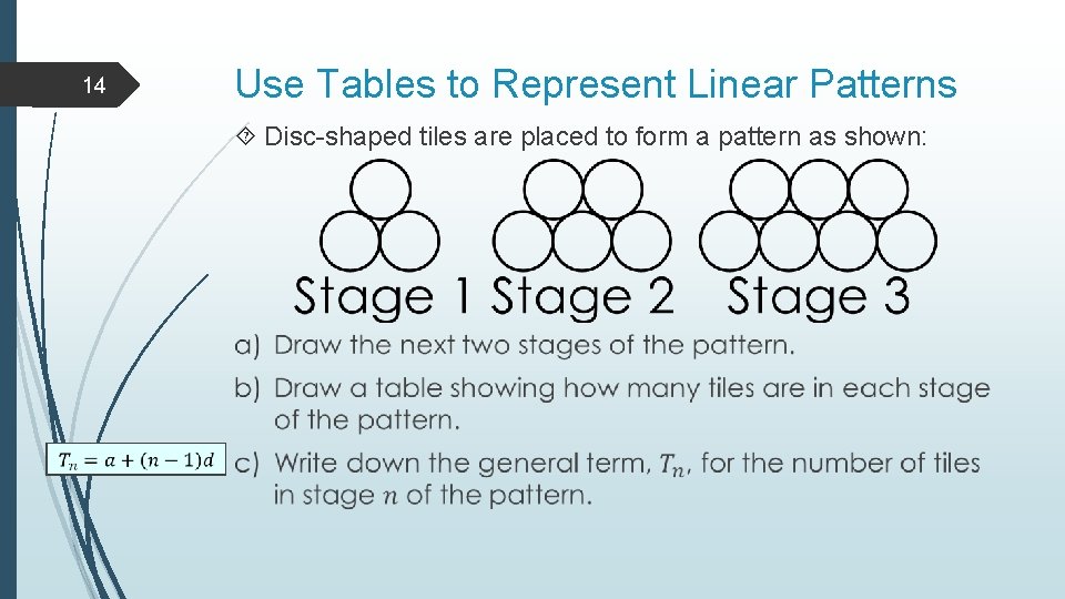 14 Use Tables to Represent Linear Patterns Disc-shaped tiles are placed to form a