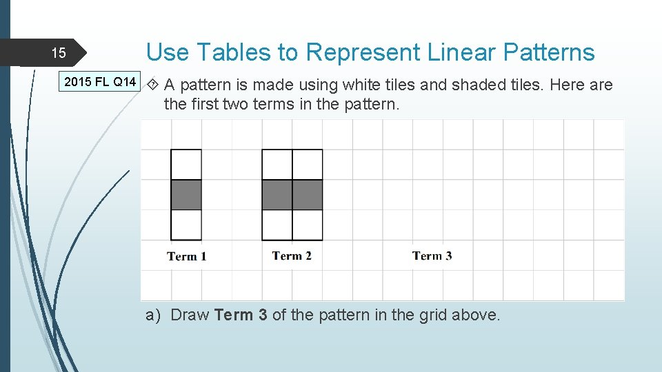 15 2015 FL Q 14 Use Tables to Represent Linear Patterns A pattern is