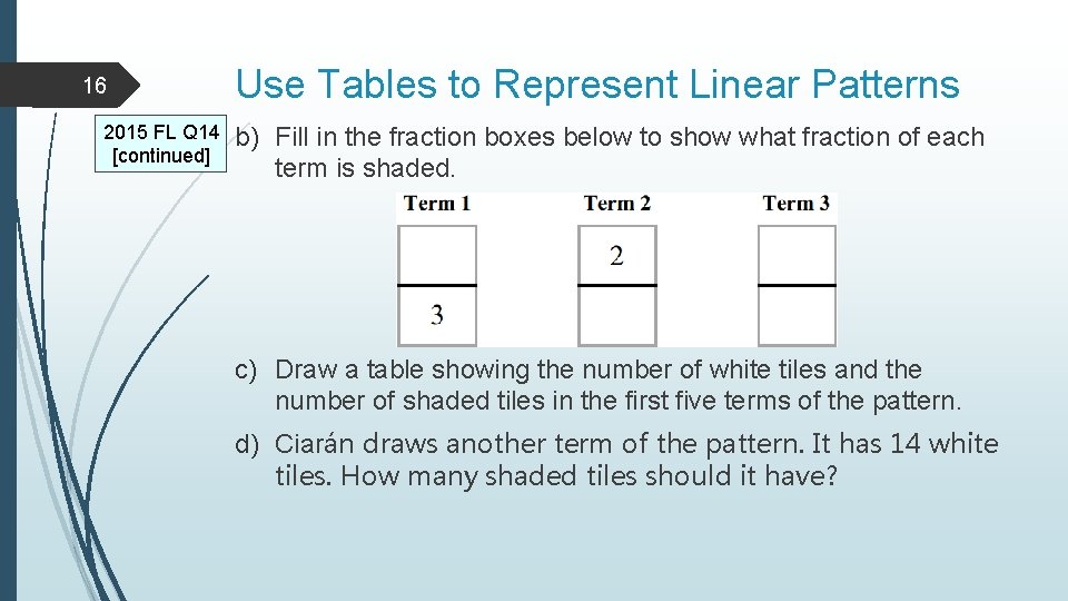 16 2015 FL Q 14 [continued] Use Tables to Represent Linear Patterns b) Fill