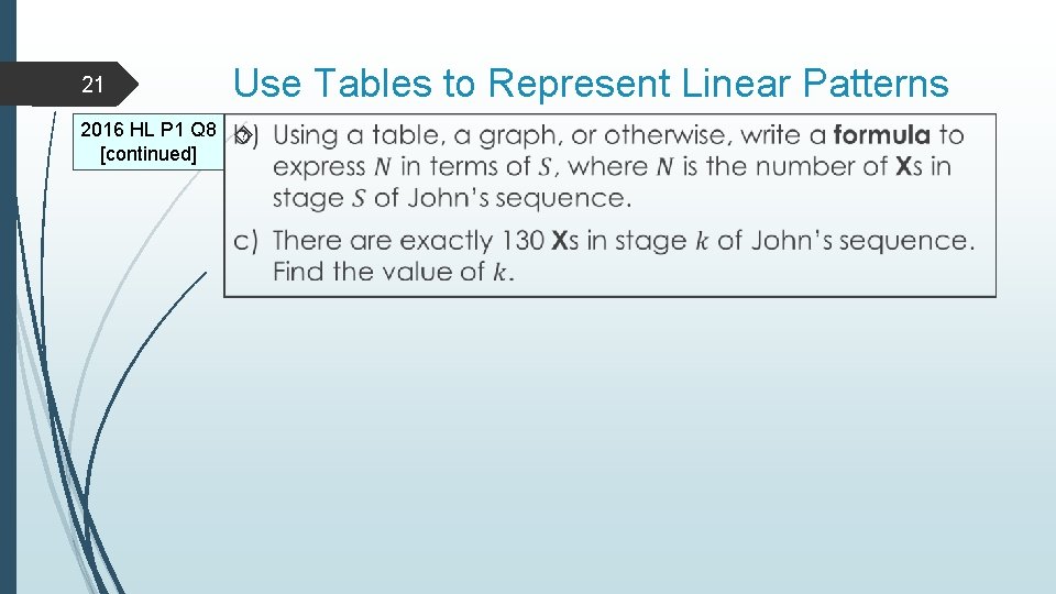 21 Use Tables to Represent Linear Patterns 2016 HL P 1 Q 8 [continued]