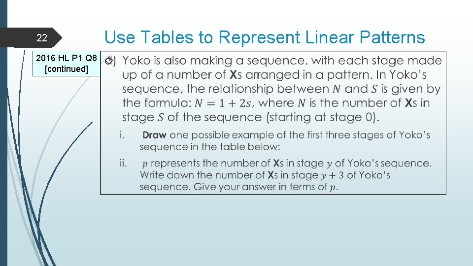 22 Use Tables to Represent Linear Patterns 2016 HL P 1 Q 8 [continued]