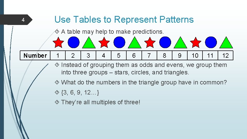 4 Use Tables to Represent Patterns A table may help to make predictions. Number