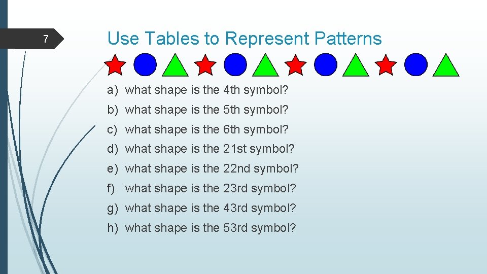 7 Use Tables to Represent Patterns a) what shape is the 4 th symbol?