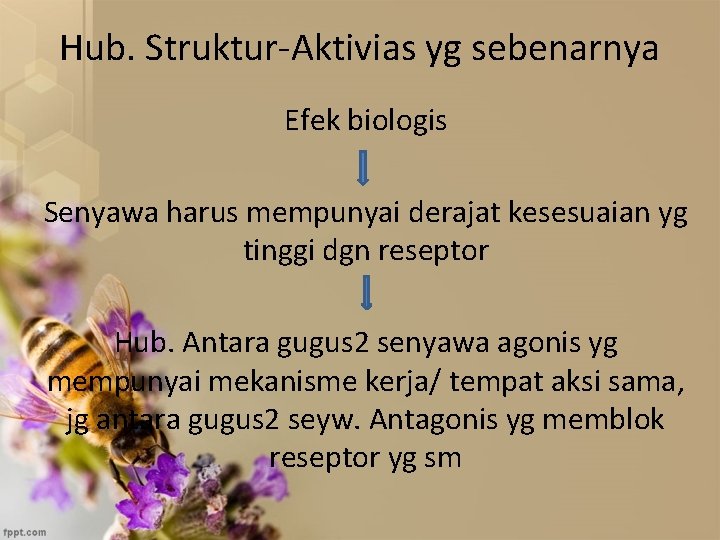 Hub. Struktur-Aktivias yg sebenarnya Efek biologis Senyawa harus mempunyai derajat kesesuaian yg tinggi dgn