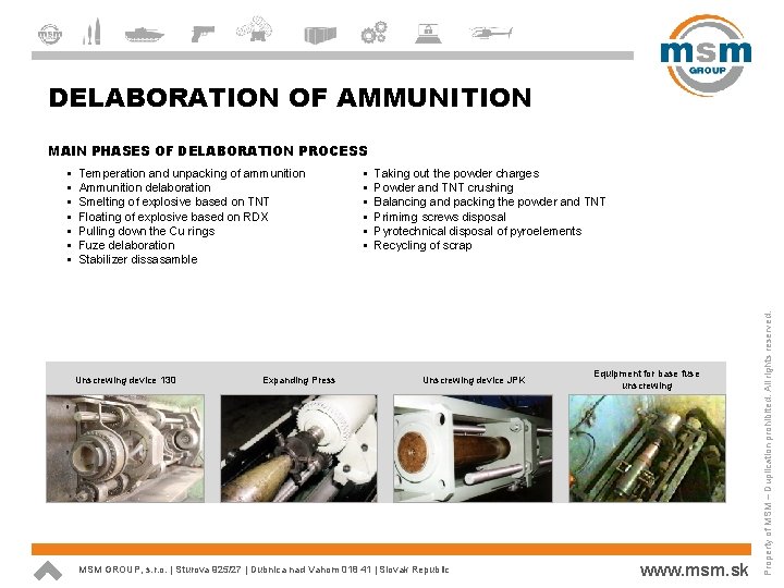 DELABORATION OF AMMUNITION MAIN PHASES OF DELABORATION PROCESS Temperation and unpacking of ammunition Ammunition