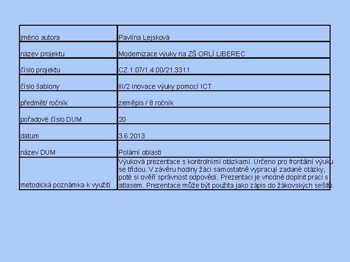 jméno autora Pavlína Lejsková název projektu Modernizace výuky na ZŠ ORLÍ LIBEREC číslo projektu
