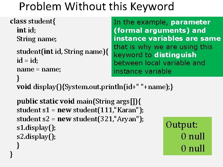 Problem Without this Keyword class student{ int id; String name; In the example, parameter