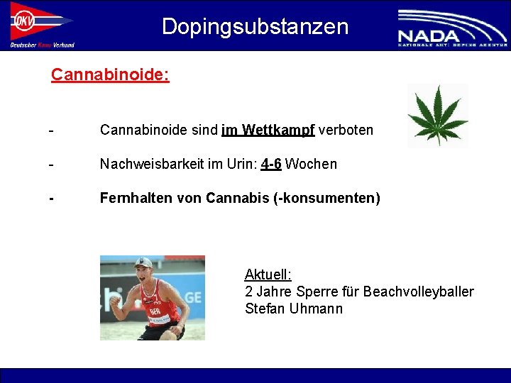 Dopingsubstanzen Cannabinoide: - Cannabinoide sind im Wettkampf verboten - Nachweisbarkeit im Urin: 4 -6