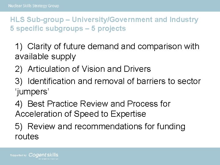 HLS Sub-group – University/Government and Industry 5 specific subgroups – 5 projects 1) Clarity