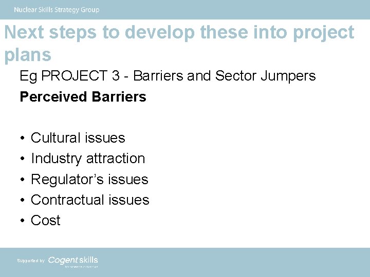 Next steps to develop these into project plans Eg PROJECT 3 - Barriers and