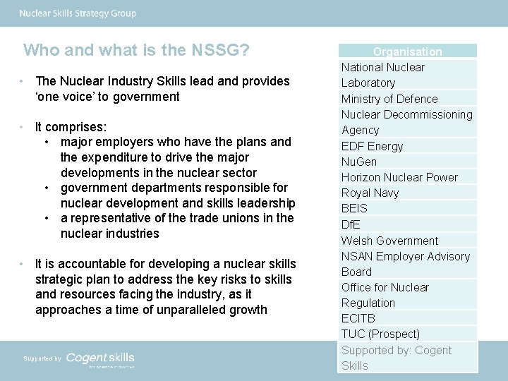 Who and what is the NSSG? • The Nuclear Industry Skills lead and provides