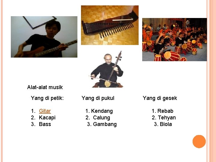 Alat-alat musik Yang di petik: 1. Gitar 2. Kacapi 3. Bass Yang di pukul