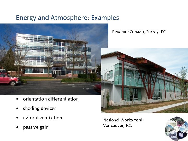 Energy and Atmosphere: Examples Revenue Canada, Surrey, BC. • orientation differentiation • shading devices