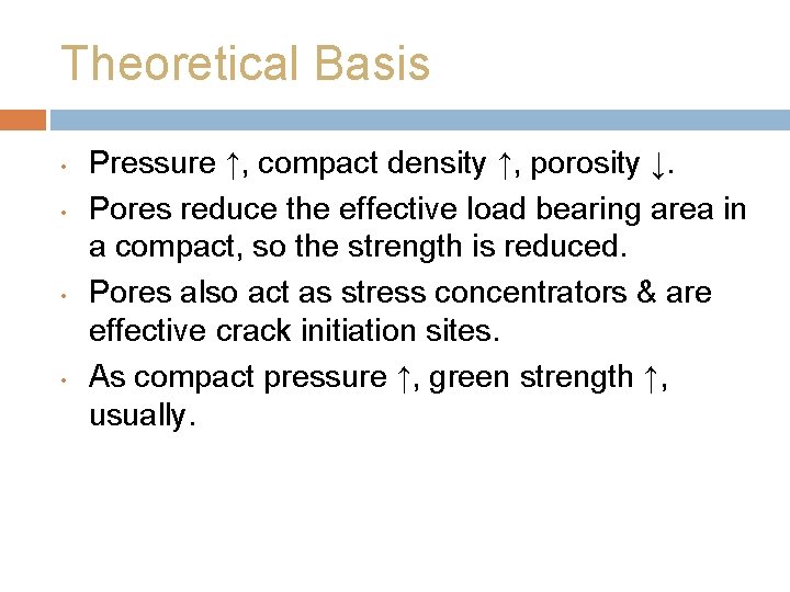 Theoretical Basis • • Pressure ↑, compact density ↑, porosity ↓. Pores reduce the