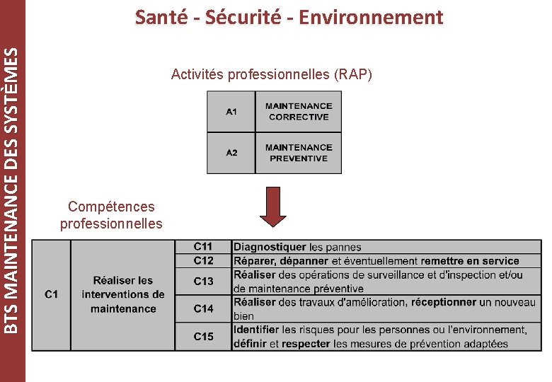 BTS MAINTENANCE DES SYSTÈMES Santé - Sécurité - Environnement Activités professionnelles (RAP) Compétences professionnelles