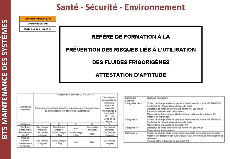BTS MAINTENANCE DES SYSTÈMES Santé - Sécurité - Environnement Systèmes énergétiques Systèmes éoliens Systèmes