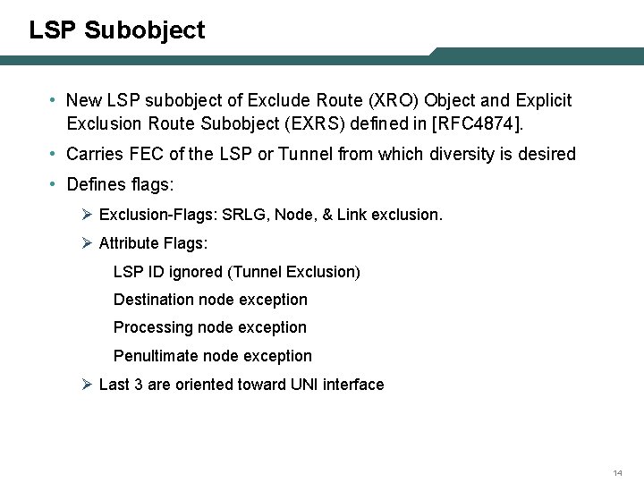 LSP Subobject • New LSP subobject of Exclude Route (XRO) Object and Explicit Exclusion