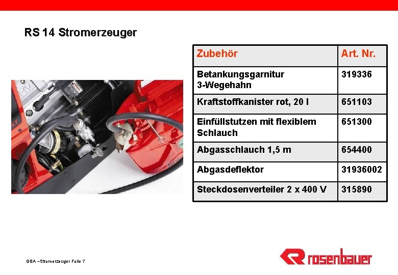 RS 14 Stromerzeuger GBA –Stromerzeuger Folie 7 Zubehör Art. Nr. Betankungsgarnitur 3 -Wegehahn 319336