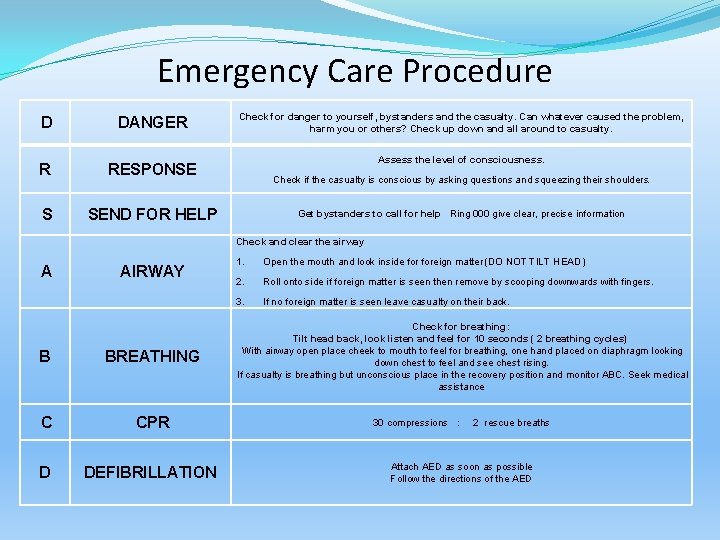 Emergency Care Procedure D DANGER R RESPONSE S SEND FOR HELP Check for danger