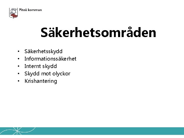 Säkerhetsområden • • • Säkerhetsskydd Informationssäkerhet Internt skydd Skydd mot olyckor Krishantering 