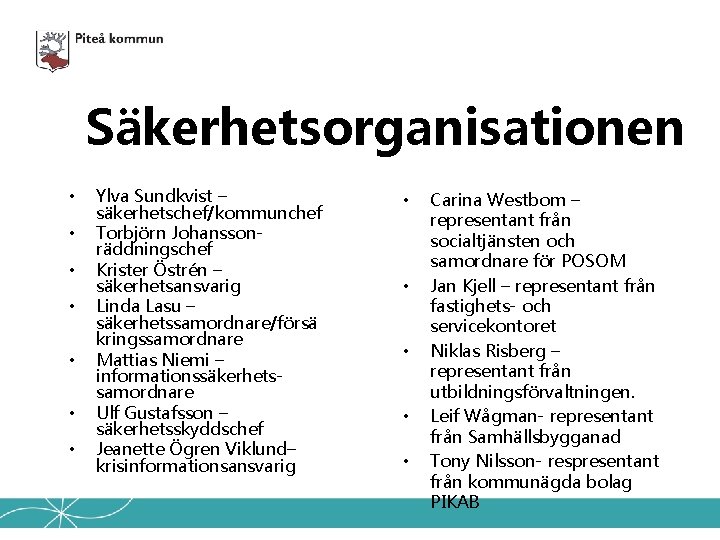 Säkerhetsorganisationen • • Ylva Sundkvist – säkerhetschef/kommunchef Torbjörn Johansson- räddningschef Krister Östrén – säkerhetsansvarig
