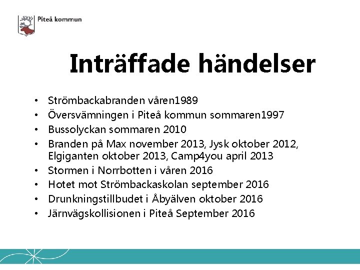 Inträffade händelser • • Strömbackabranden våren 1989 Översvämningen i Piteå kommun sommaren 1997 Bussolyckan