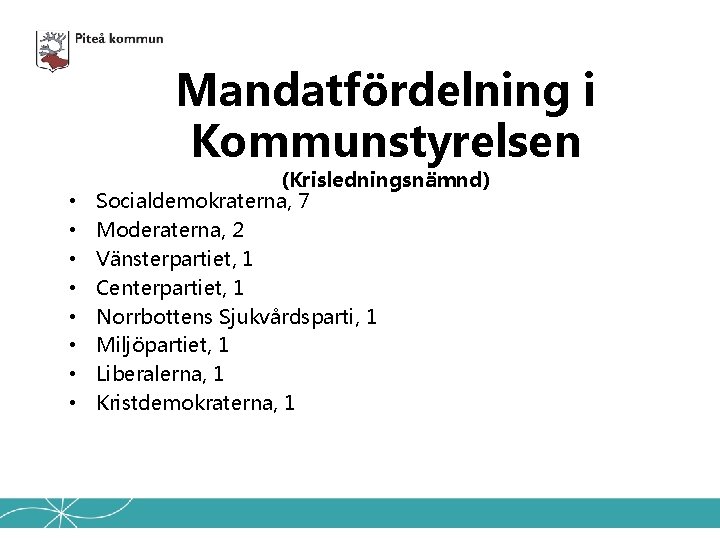 Mandatfördelning i Kommunstyrelsen • • (Krisledningsnämnd) Socialdemokraterna, 7 Moderaterna, 2 Vänsterpartiet, 1 Centerpartiet, 1