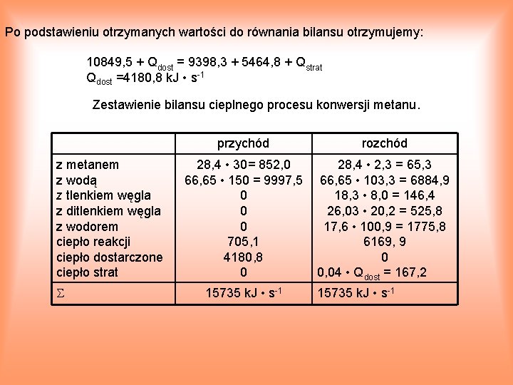 Po podstawieniu otrzymanych wartości do równania bilansu otrzymujemy: 10849, 5 + Qdost = 9398,