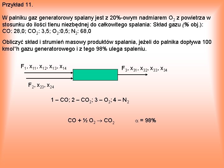 Przykład 11. W palniku gaz generatorowy spalany jest z 20% owym nadmiarem O 2