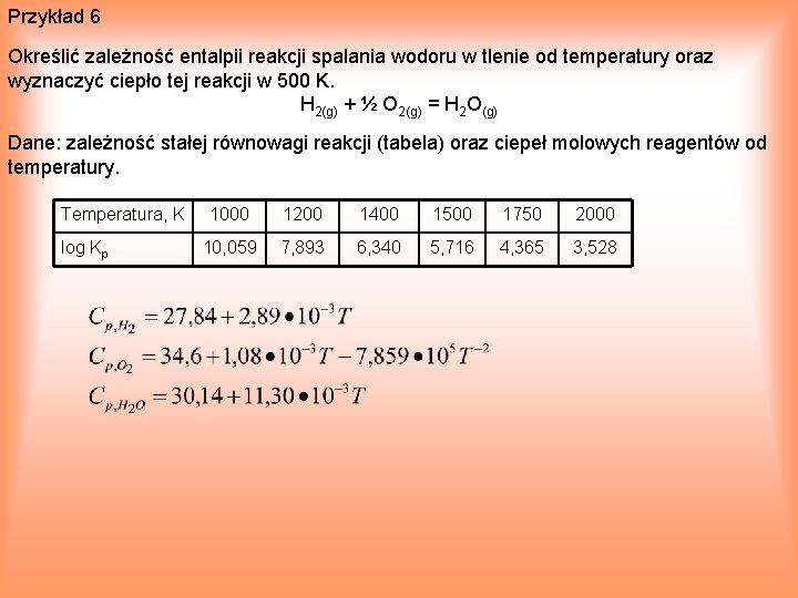 Przykład 6 Określić zależność entalpii reakcji spalania wodoru w tlenie od temperatury oraz wyznaczyć